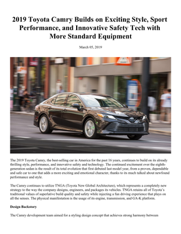 2019 Toyota Camry Builds on Exciting Style, Sport Performance, and Innovative Safety Tech with More Standard Equipment