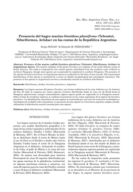 Presencia Del Bagre Marino Genidens Planifrons (Teleostei, Siluriformes, Ariidae) En Las Costas De La República Argentina