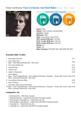 Tom Cochrane and Red Rider Mp3, Flac, Wma