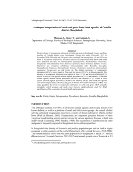 Arthropod Ectoparasites of Cattle and Goats from Three Upazilas of Comilla District, Bangladesh