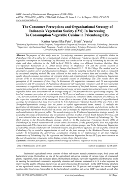 The Consumer Perceptions and Organizational Strategy of Indonesia Vegetarian Society (IVS) in Increasing to Consumption Vegetable Cuisine in Palembang City