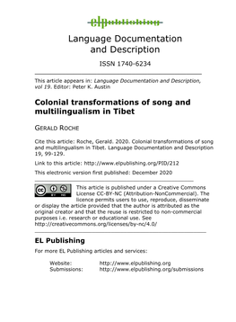 Colonial Transformations of Song and Multilingualism in Tibet
