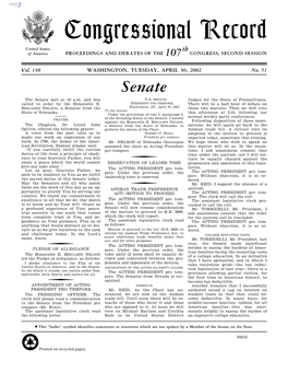 Congressional Record United States Th of America PROCEEDINGS and DEBATES of the 107 CONGRESS, SECOND SESSION