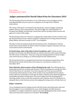 Judges Announced for David Cohen Prize for Literature 2019