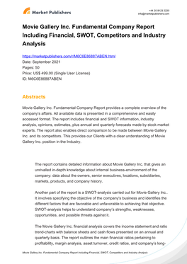 Movie Gallery Inc. Fundamental Company Report Including Financial, SWOT, Competitors and Industry Analysis