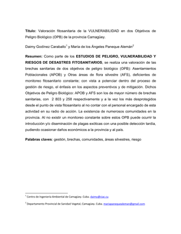 Título: Valoración Fitosanitaria De La VULNERABILIDAD En Dos Objetivos De Peligro Biológico (OPB) De La Provincia Camagüey