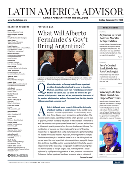 LATIN AMERICA ADVISOR a DAILY PUBLICATION of the DIALOGUE Friday, December 13, 2019