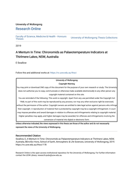 Chironomids As Palaeotemperature Indicators at Thirlmere Lakes, NSW, Australia