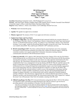 READ Final Minutes Mar 12, 2018 Action: Agreed That READ Would Make a Submission and That the Chair Would Draft an Outline of the Questions and Forward to M