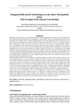 Shopping Malls and Its Social Impact on the Outer Metropolitan Zones (The Example of the Silesian Voivodeship)