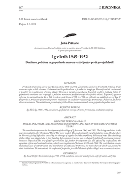 Ig V Letih 1945–1952 Družbene, Politične in Gospodarske Razmere Ter Življenje V Prvih Povojnih Letih*