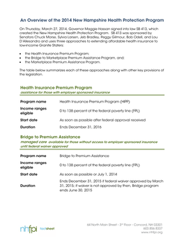 An Overview of the 2014 New Hampshire Health Protection Program