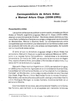 Correspondencia De Arturo Ardao a Manuel Arturo Claps (1958-1991) Nicolás Gropp*