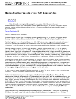 Raimon Panikkar, 'Apostle of Inter-Faith Dialogue,' Dies Published on National Catholic Reporter (