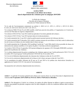 Arrêté N°2019- D'ouverture Et De Clôture De La Chasse Dans Le