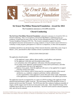 Sir Ernest Macmillan Memorial Foundation - Award for 2012 the Foundation Announces a $12,000 Award for Choral Conducting