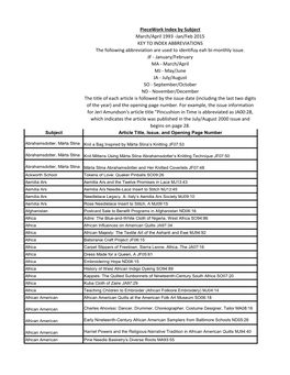 Piecework Index by Subject March/April 1993 -Jan/Feb 2015 KEY to INDEX ABBREVIATIONS the Following Abbreviation Are Used to Identifuy Eah Bi-Monthly Issue