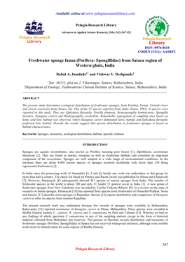 Freshwater Sponge Fauna (Porifera: Spongillidae) from Satara Region of Western Ghats, India