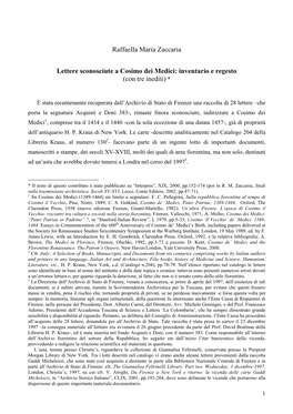 Lettere Sconosciute a Cosimo Dei Medici: Inventario E Regesto (Con Tre Inediti) *