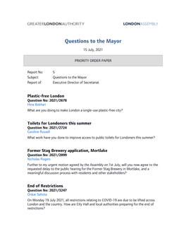 Questions to the Mayor