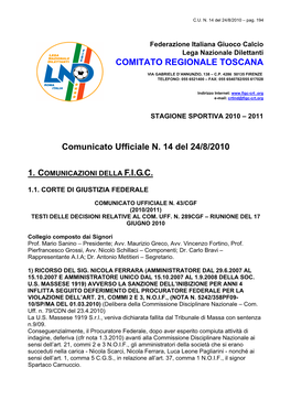 Comunicato Ufficiale N. 14 Del 24/8/2010 COMITATO REGIONALE TOSCANA