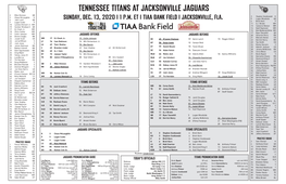 TENNESSEE TITANS at JACKSONVILLE JAGUARS 2 Mike Glennon QB 3 Stephen Gostkowski K 3 Chase Mclaughlin K 5 Logan Woodside QB 6 Jake Luton QB SUNDAY, DEC