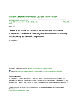 "There Is No Planet 'B'": How U.S. Music Festival Production Companies Can Reduce Their Negative Environmental Impact by Incorporating As a Benefit Corporation