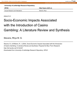 Socio-Economic Impacts Associated with the Introduction of Casino Gambling: a Literature Review and Synthesis