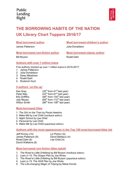 THE BORROWING HABITS of the NATION UK Library Chart Toppers 2016/17