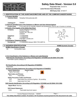 Safety Data Sheet - Version 5.0 Preparation Date 8/20/2014 Latest Revision Date (If Revised) SDS Expiry Date 8/18/2017