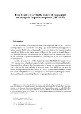 From Belém to Marvila: the Transfer of the Gas Plant and Changes in the Production Process (1887-1957)*