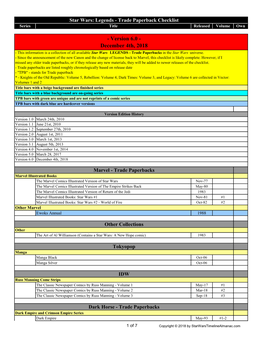 Star Wars: Legends - Trade Paperback Checklist Series Title Released Volume Own