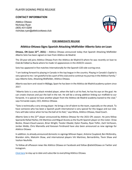 PLAYER SIGNING PRESS RELEASE Atlético Ottawa Signs Spanish Attacking Midfielder Alberto Soto on Loan