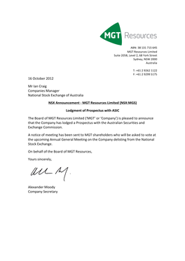 16 October 2012 Mr Ian Craig Companies Manager National