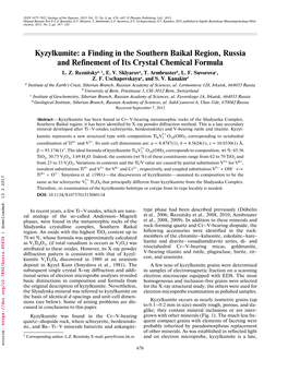Kyzylkumite: a Finding in the Southern Baikal Region, Russia and Refinement of Its Crystal Chemical Formula L