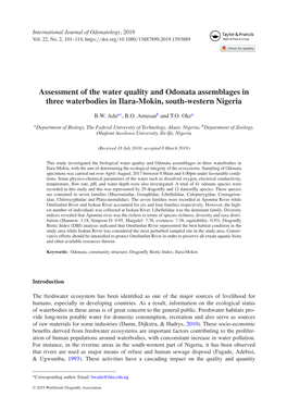 Assessment of the Water Quality and Odonata Assemblages in Three Waterbodies in Ilara-Mokin, South-Western Nigeria