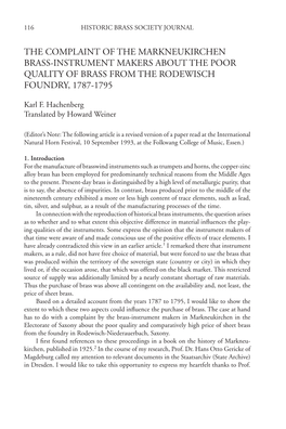 The Complaint of the Markneukirchen Brass-Instrument Makers About the Poor Quality of Brass from the Rodewisch Foundry, 1787-1795