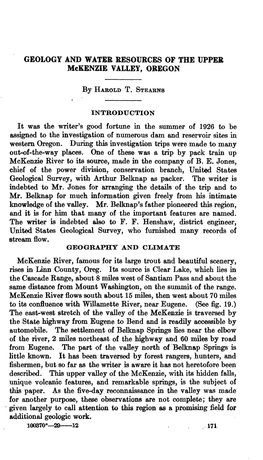 GEOLOGY and WATER RESOURCES of the UPPER Mckenzie VALLEY, OREGON