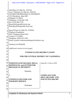 Complaint for Declaratory and Injunctive Relief 1 Complaint for Declaratory and Injunctive Relief 1 1 2 3 4 5 6 7 8 9 10 11 12