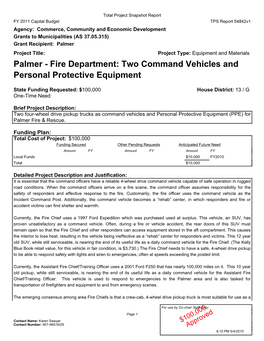 Palmer Project Title: Project Type: Equipment and Materials Palmer - Fire Department: Two Command Vehicles and Personal Protective Equipment