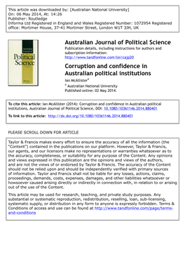Corruption and Confidence in Australian Political Institutions Ian Mcallistera a Australian National University Published Online: 02 May 2014