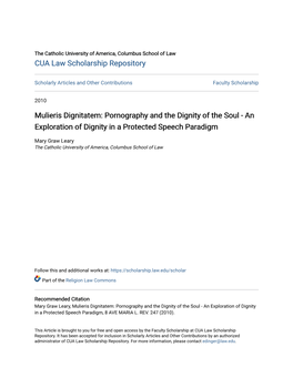 Mulieris Dignitatem: Pornography and the Dignity of the Soul - an Exploration of Dignity in a Protected Speech Paradigm