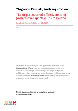 Zbigniew Pawlak, Andrzej Smoleń the Organisational Effectiveness of Professional Sports Clubs in Poland
