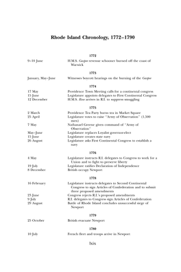 Rhode Island Chronology, 1772–1790