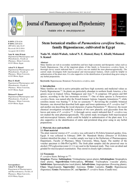 Stem Botanical Studies of Parmentiera Cereifera Seem., Family