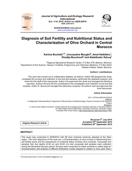 Diagnosis of Soil Fertility and Nutritional Status and Characterization of Olive Orchard in Central Morocco