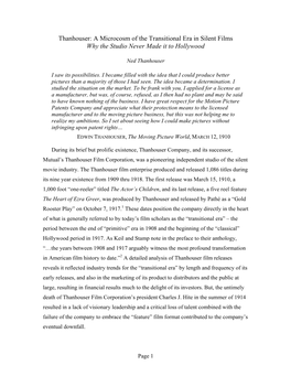 Thanhouser: a Microcosm of the Transitional Era in Silent Films Why the Studio Never Made It to Hollywood