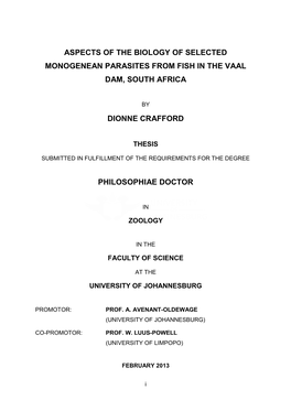 Aspects of the Biology of Selected Monogenean Parasites from Fish in the Vaal Dam, South Africa
