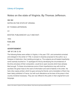 Notes on the State of Virginia. by Thomas Jefferson