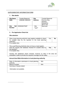 SUPPLEMENTARY INFORMATION FORM 1. Site Details Site Name